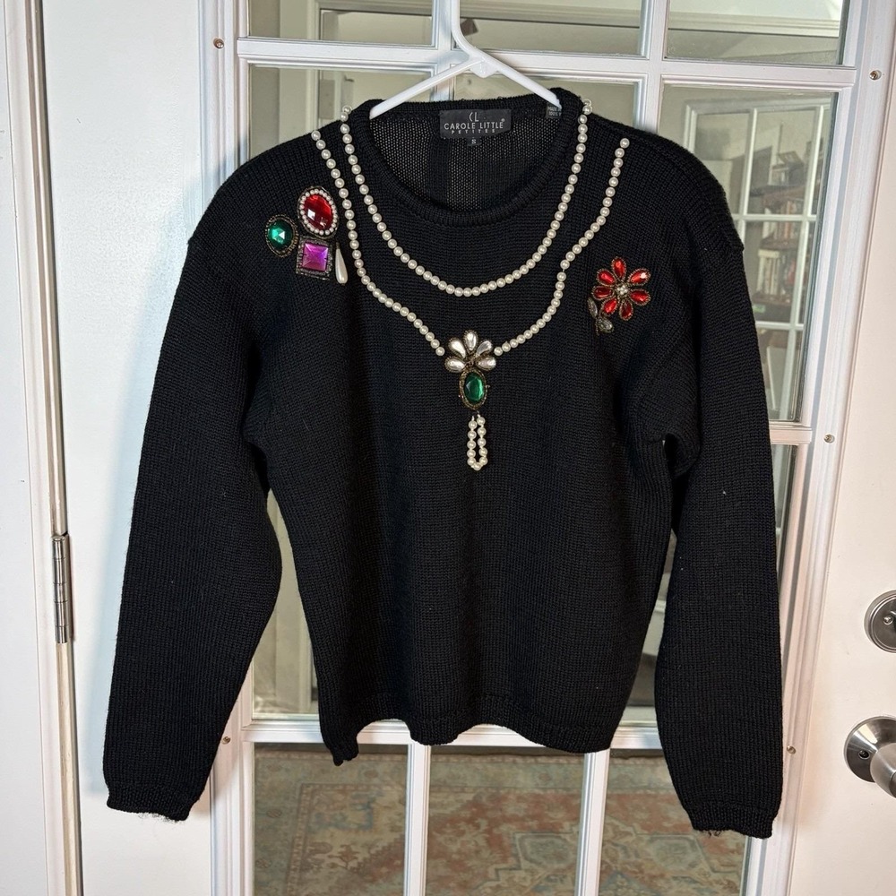 Vintage Carol Little Petites Black Wool Jeweled Sweater Pearls Size Small Embell